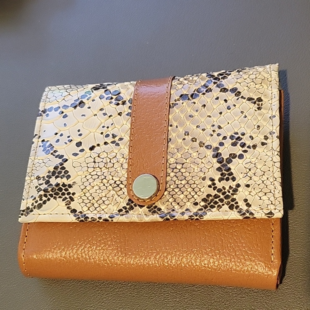 Leather wallet.  Camel with embossed snake pattern